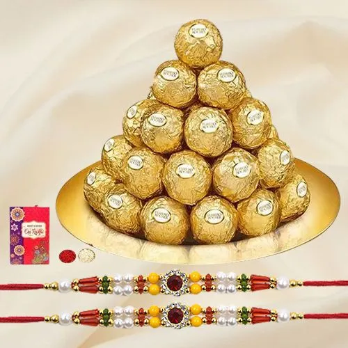 Two Rakhi with Ferrero Rocher N Gold Plated Pooja Thali