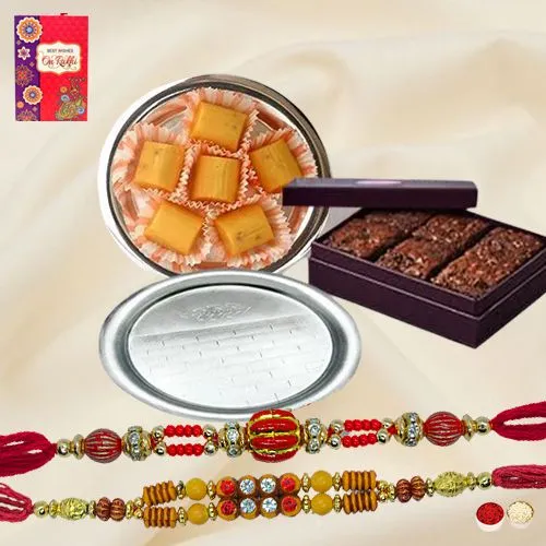 Twin Fancy Rakhis with Brownie Pineapple Chocolate n Pooja Thali