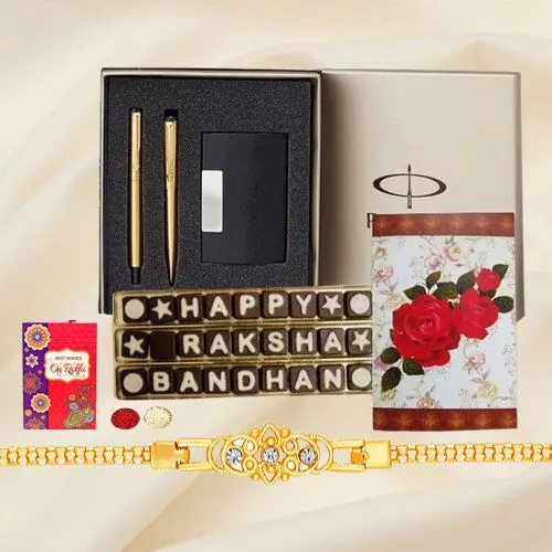 Parker Pen Set Golden Bracelet Rakhi n 27 pcs Home Made Chocolates
