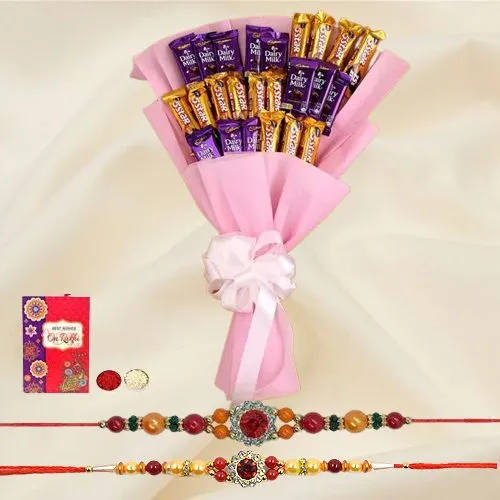 Gift a Cadbury Dairy Milk n Five Star Chocolate Bouquet of 25pcs with 2 Rakhi