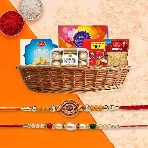 Designer Rakhi Pair with Kaju Katli and Chocolates