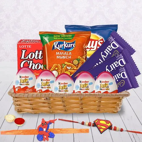 Fancy Kids Rakhi Pair with Assorted Chocolates Chips n Kinder Joy