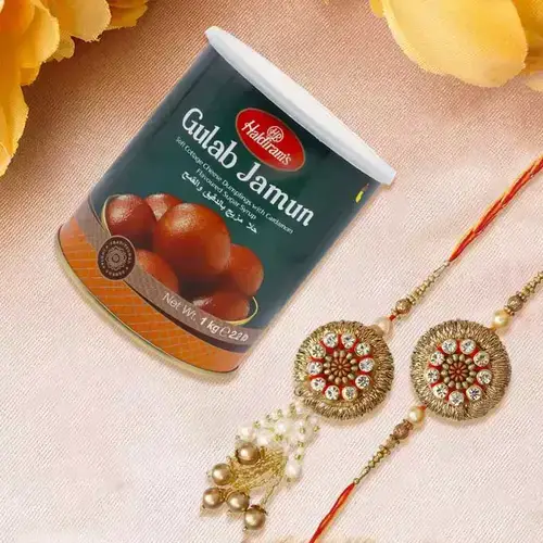 Classy Couple Rakhi Set N Gulab Jamun Combo