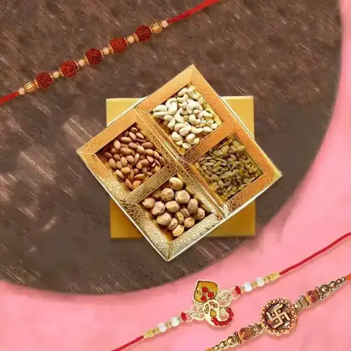 Outstanding Spiritual Rakhi Trio with Assorted Dry Fruits