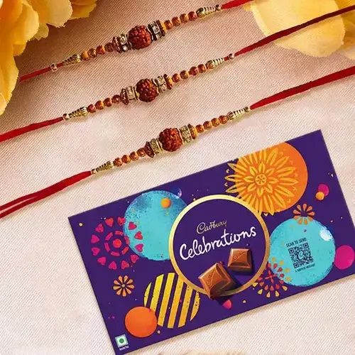 Impressive Rudraksha Rakhi Trio with Cadbury Celebration Gift Pack