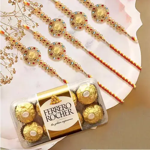 Outstanding Rakhi Set of 5 with 16 pcs Ferrero Rocher Chocolates