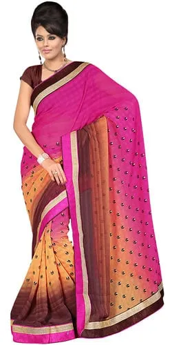 Flattering Pink Chrome and Brown in Colour Gorgettee Printted Saree