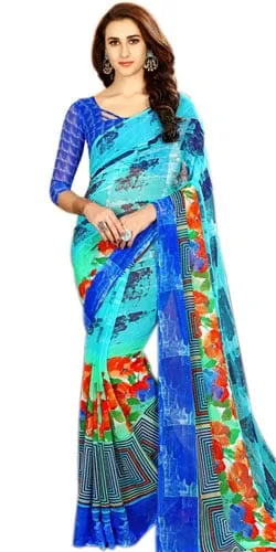 Fabulous Chiffon Printed Sari in Blue Color for Lovely Ladies