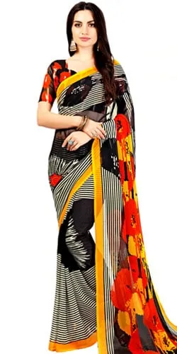 Gorgeous Black Color Marble Chiffon Printed Sari with Yellow Border
