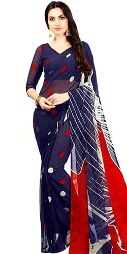 Glamorous Red and Navy Blue Colored Saree in Chiffon Fabric for Fashionable Women