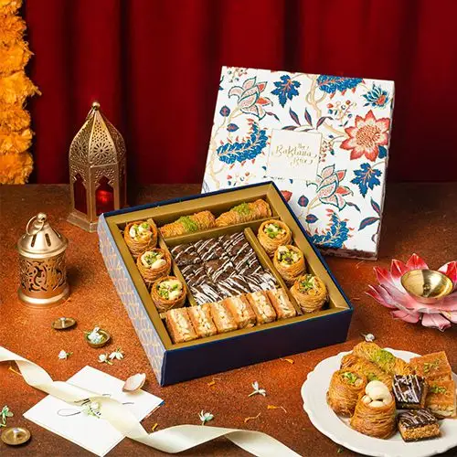 Vegetarian Splendor  Diwali Gift Box featuring Kunafa Baklava
