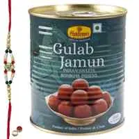 Relishing Haldiram Gulab Jamun with Free Rakhi Roli Tilak and Chawal