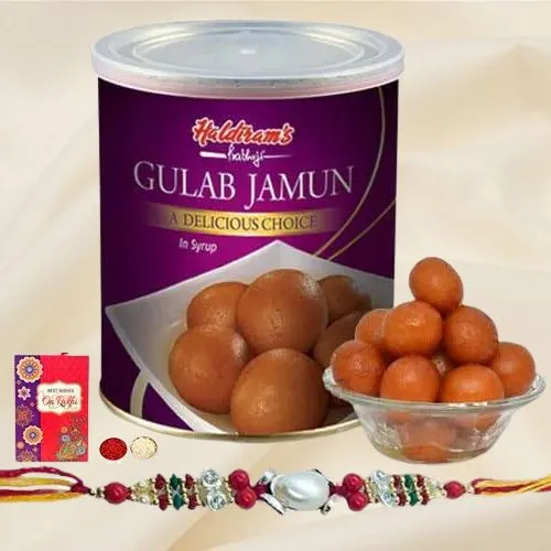 Lip smacking Fresh Haldiram Gulab Jamuns with 2 Rakhis and Roli Tilak Chawal
