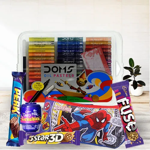 Lovely Spiderman Kids Stationery Color Set n Chocolates Combo