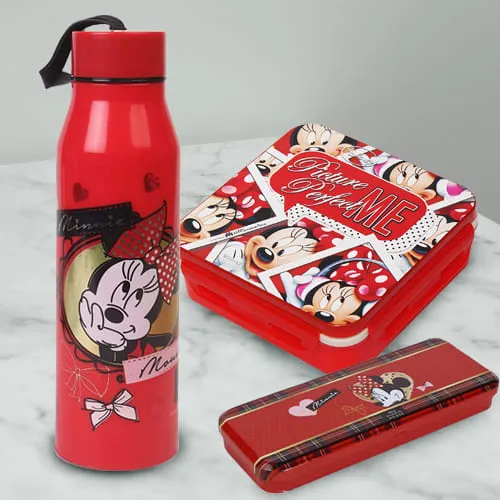 Mesmerizing Combo of Minnie Mouse Sipper Bottle Pencil n Tiffin Box