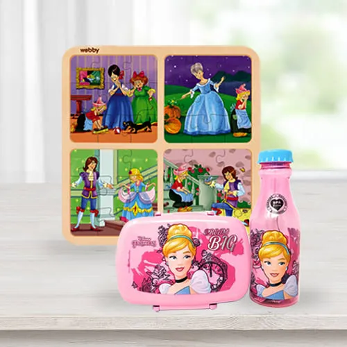 Mesmerizing Disney Cinderella Lunch Box n Water Bottle with Wooden Puzzle Combo