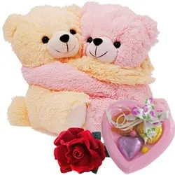 Remarkable Hugging Couple Teddy with Rose and Homemade Chocolates