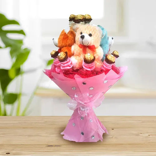 Delightful Teddy Bouquet with Ferrero Rocher Chocolate