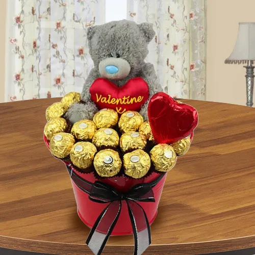 Delightful Bucket of Ferrero Rocher Chocolate with Teddy