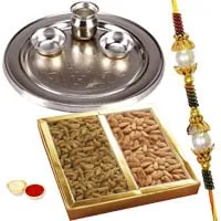 Silver Plated Rakhi Thali with One or More Rakhi Options with Dry Fruits