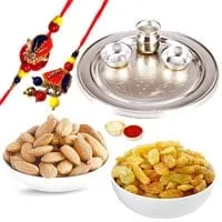Silver Plated Rakhi Thali with 1 set Bhaiya n Bhabhi Rakhi and 200 Gms. Almonds and Raisins