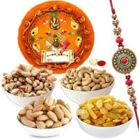 One Rakhi with Thali and Almonds, Raisen, Cashews & Pistas