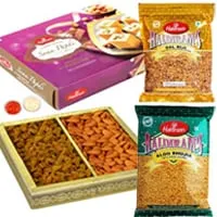 Yummy Selection of Haldiram Soan Papdi, Dal Biji and Bhujia Sev along with Raisins and Almonds