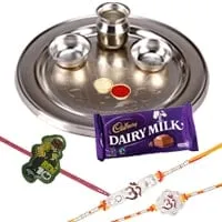 Silver Plated Rakhi Thali with 2 Om Rakhi, 1 Kids Rakhi and 1 Dairy Milk 95 gr