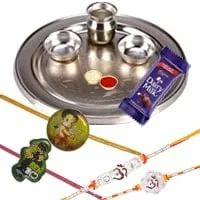 Silver Plated Rakhi Thali with 2 Om Rakhi, 2 Kids Rakhi and 1 Dairy Milk