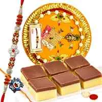 Astonishing Gift of Chocolate Barfi, Rakhi Thali with One Fancy Rakhi and One Kids Rakhi