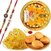 Exclusive Gift of Kesaria Angori Petha, 4 Kachori, 2 Rakhi N 1 Rakhi Thali