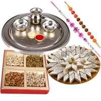 Assorted Dry Fruits , Fantastic Silver plated Thali, Kaju Katli along  with 2 Free Rakhi, Roli Tika and Chawal