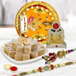 Bhaiya Bhabhi Rakhi Set with Kaju Katli, Pooja Thali n Ganesh Laxmi Mandap