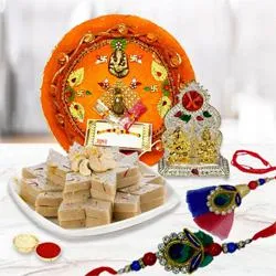 Thali with Mandap, Bhaiya Bhabhi Mayur Pankh Rakhi N Kaju Katli