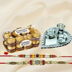 Ferrero Rocher with Silver Plated Pooja Thali with Twin Rakhi