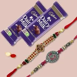 Designer Twin Rakhi Set with 2 Chocolates, Roli Teeka n Card