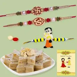 Ethnic Set of 2 Bhai Rakhi n Kids Rakhi with Kaju Katli