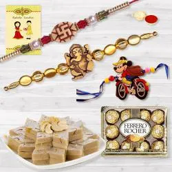 Designer Twin Rakhi n Kids Rakhi with Kaju Katli n Ferrero Rocher