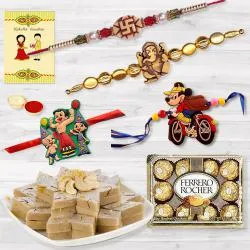 Designer Rakhi n Kids Rakhi Set with Kaju Katli n Ferrero Rocher