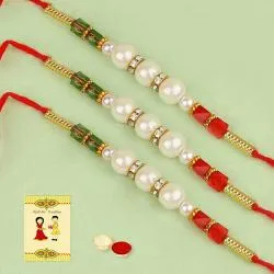 Exquisite Set of 3 Pearl Rakhis with Roli, Chawal n Card