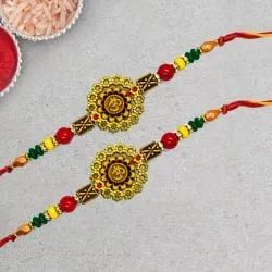 Splendid Om Rakhi Pair with Roli Tika, Chawal n Rakhi Card