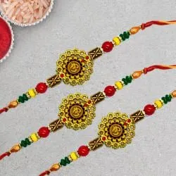 Designer Set of 3 Om Rakhi with Roli, Chawal Tika n Rakhi Card