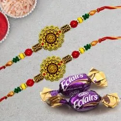Trendy Om Rakhi Pair with Chocolates, Roli Chawal Tika N Card