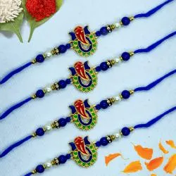 Delightful Set of 4 Ganesh Rakhi with Roli Tika Chawal n Card