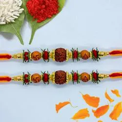 Elegant Set of 2 Rudraksha Rakhi with Roli Chawal Tika n Card