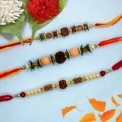 Appealing Three Rudraksha Rakhis with Roli, Chawal n Card