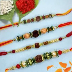 Beautiful Set of 4 Rudraksha Rakhis with Roli, Chawal n Card