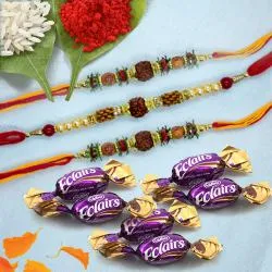Classy 3 Rudraksha Rakhi Set with Chocolates, Roli, Chawal n Card