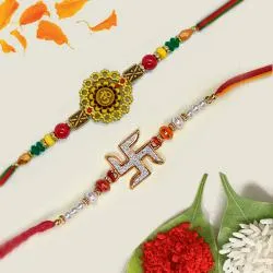 Eye-Catching Pair of OM n Swastik Rakhi with Roli Chawal N Card