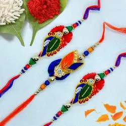 Elegant Three Zardosi Rakhi Set with Roli, Chawal n Card